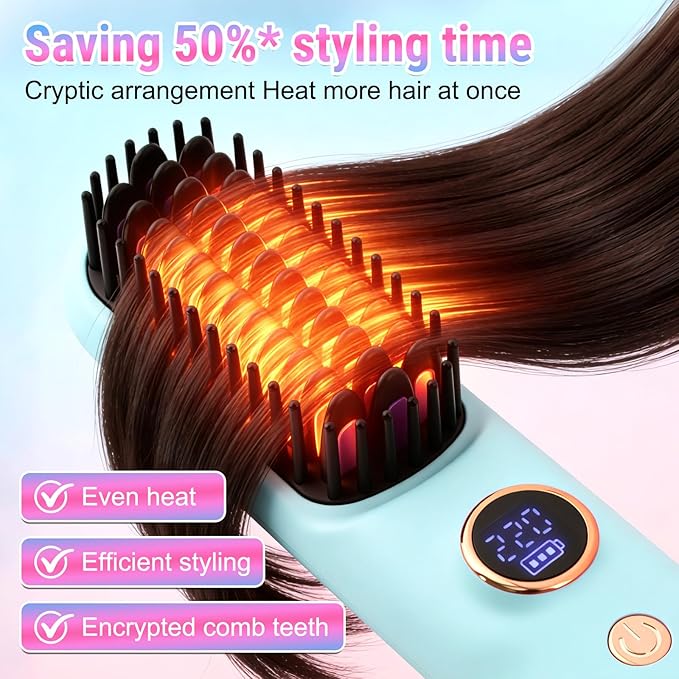 2026 Hair Straightener Brush Cordless Hair Straightener Brush for Short Hair Mini Portable Straightening Hair Comb Brush with 9 Temps Fast Heating for Women Travel Size Hair Styling Tool (Blue)