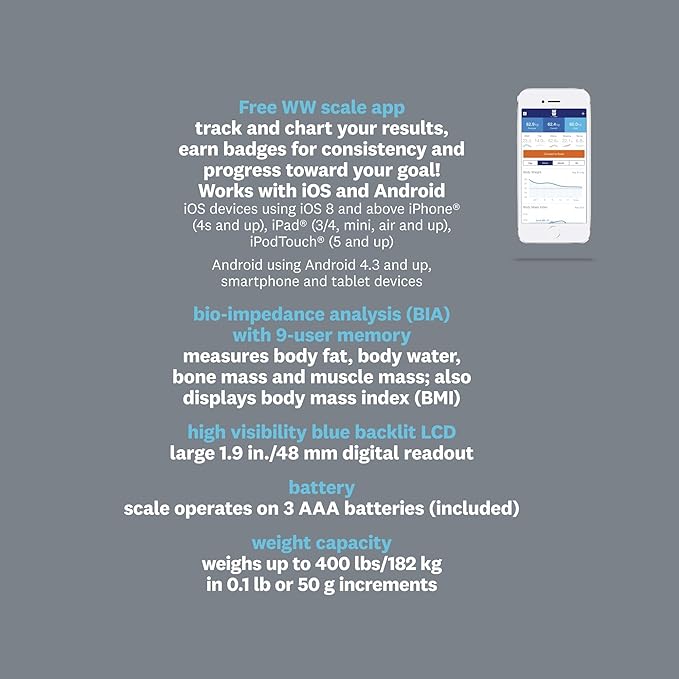 Weight Watchers Scales by Conair Bathroom Scale for Weight Glass Digital Scale Bluetooth Scale BMI Scales Digital Weight and Body Fat for up to 9 Users Measures Weight up to 400 Lbs Black