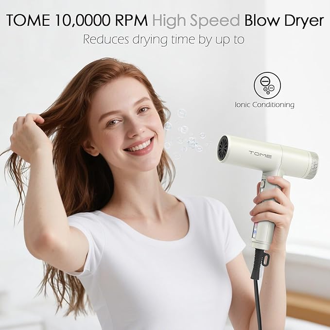 TOME Hair Dryer 1875W High-Speed EC Motor 110000 RPM Ionic Blow Dryer Fast Drying Cool Shot Lock 3 Heat 2 Speed 3 Attachments (Styling Nozzle Comb Nozzle Diffuser) 125V White