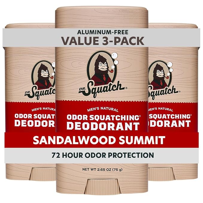 Dr. Squatch Natural Men’s Deodorant – Aluminum Free Natural Deodorant Men with Charcoal &amp Postbiotics for 72-Hour Odor Protection – Sandalwood Summit 2.65oz Stick (3-Pack)