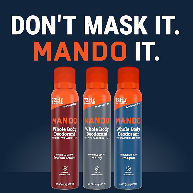 Mando Whole Body Deodorant For Men - Invisible Spray Deodorant - 72 Hour Odor Control - Low Irritation Formula - Aluminum Free Benzene Free - 3.6 ounce - 3pk - Bourbon Leather Mt Fuji Pro Sport