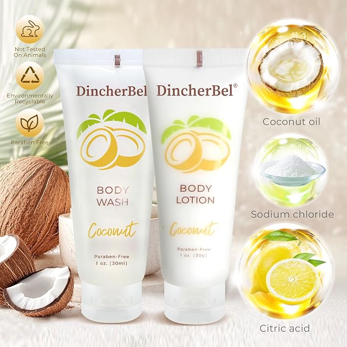 DincherBel Travel Size Body Wash and Body Lotion - Bulk Hotel Toiletries Supplies for Guests - Refreshing Tropical Coconut Scent Shower Gel and Body Cream for Men &amp Women (1 Fl Oz 100 Pack)