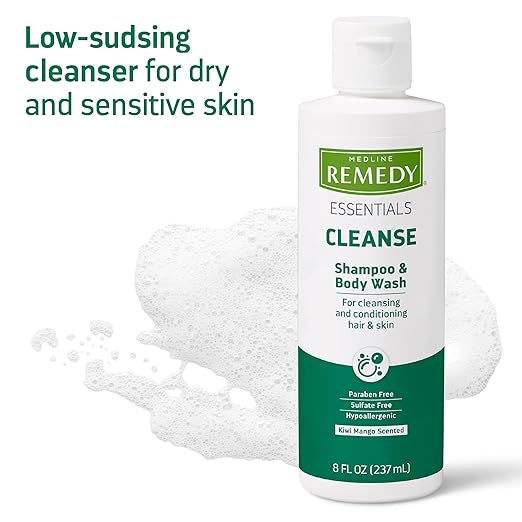 Medline Remedy Essentials Shampoo and Body Wash (8 fl oz) 48 Count Kiwi Mango Scent Full Body Cleanser with Aloe For Adults &amp Elderly Easy Rinse Gel for Bath Shower or Bedside Bathing