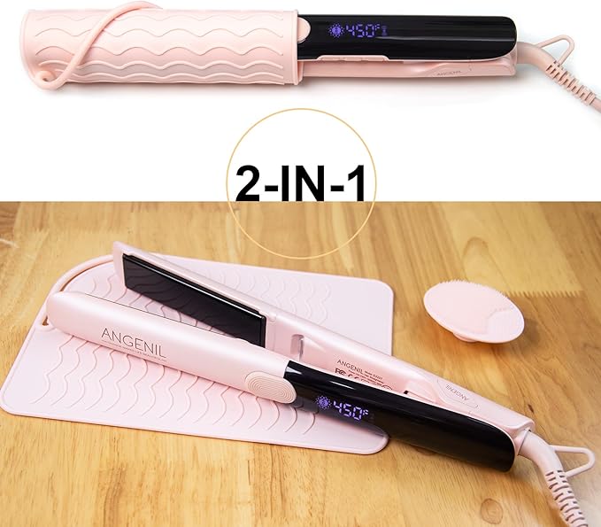 ANGENIL Pro Titanium Flat Iron Hair Straightener and Curler Anti-Scald Dual Voltage with Large Capacity Heat Resistant Travel Bag