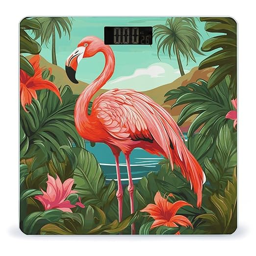 Tropical Flamingo Bathroom Scale Automatic Power On/Off Body Scales LCD Backlight Display Square Digital Scale Rounded Corners Bathroom Scales for Home Bedrooms