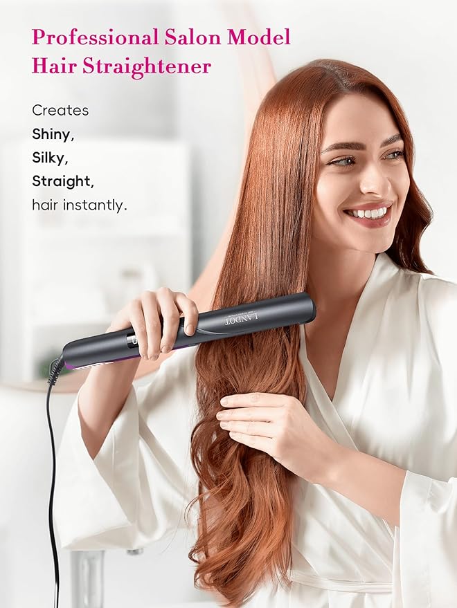 LANDOT Flat Iron Hair Straightener: Ceramic Ionic Straightener for Frizz-Free Shine - Adjustable Temp 250-450F &amp Auto Shut Off + Travel Pouch