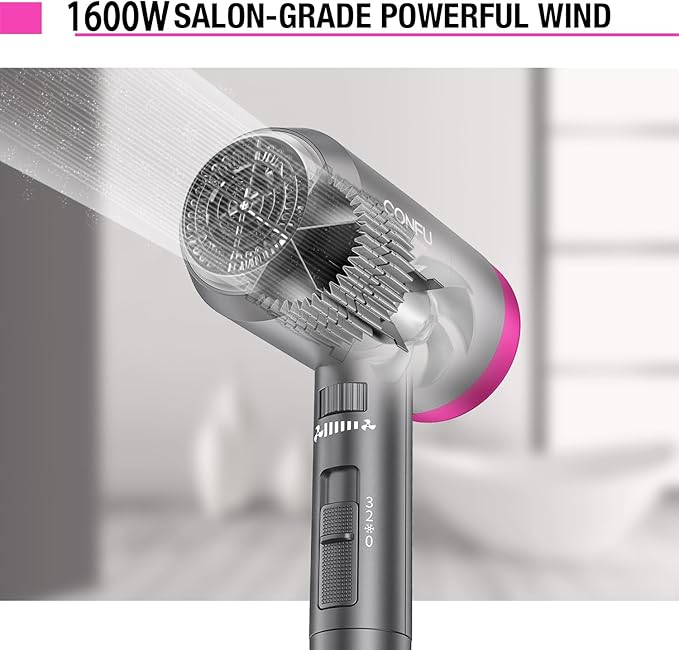CONFU Ionic Blow Dryer 1600W Portable Lightweight Fast Drying Negative Ion Hairdryer Blowdryer 3 Heat Settings &amp Infinity Speed with Diffuser and Concentrator Nozzle for Home &amp Travel