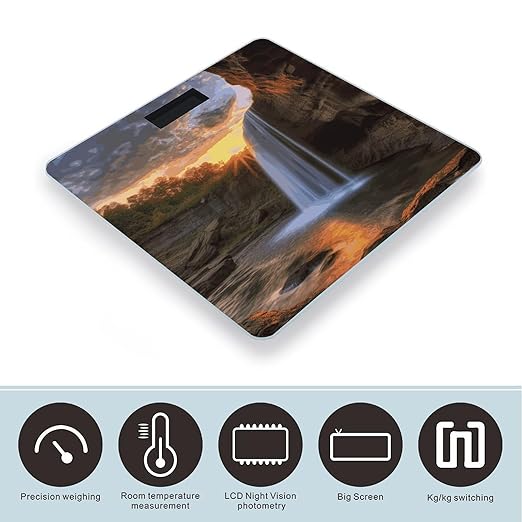 Waterfall at Sunset Digital Bathroom Scale for Body Weight with High Precision Digital Weighing Scale with BMI Clear LCD Display and Step-On Measures Weight Up to 180kg