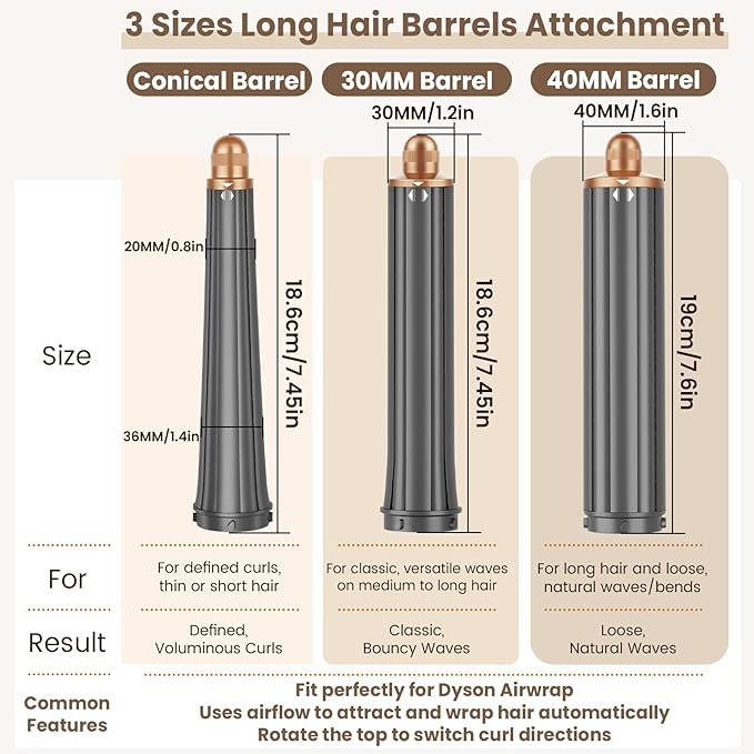 1.2IN Long Hair Barrels Attachment Compatible with Dyson Airwrap HS01 HS05 HS08 Accessories Automatic Curling Iron Curlers for Soft Inward Curls Voluminous Outward Waves