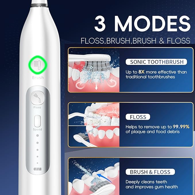 Electric Toothbrush with Water Flosser 3 Sonic Modes 5 Flossing Speeds with 3 Brushes + 1 Nozzle Portable Flossing Toothbrush Combo for Adults Teeth Cleaning Kit for Plaque RemovalWhite