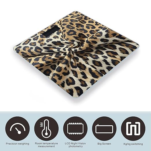 Leopard Print Pattern Scale for Body Weight Highly Accurate Digital Bathroom Scale Sturdy Tempered Glass Weighing Scales with LCD Display Fashion Body Fat Smart Scales 400lb