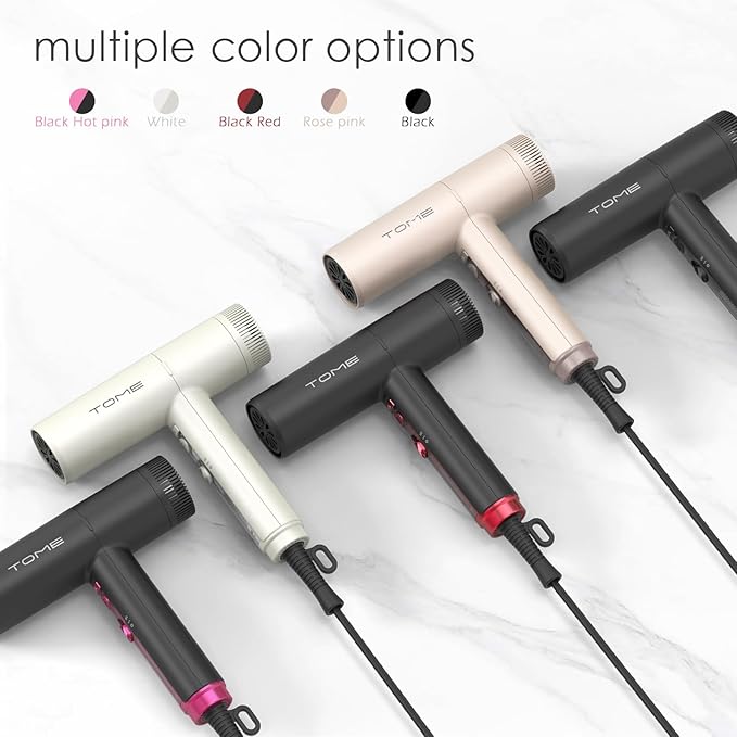 TOME Hair Dryer 1875W High-Speed EC Motor 110000 RPM Ionic Blow Dryer Fast Drying Cool Shot Lock 3 Heat 2 Speed 3 Attachments (Styling Nozzle Comb Nozzle Diffuser) 125V White