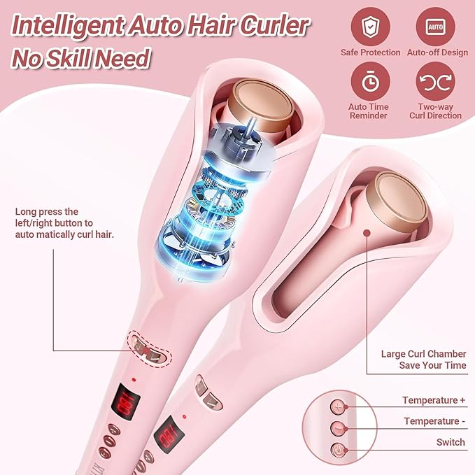 Hair Curler Automatic Rotating - Ceramic Curling Iron Automatic with 17 Temps &amp 3 Timer Settings &amp 1 Large Rotating Barrel Anti-Tangle/Scald (Pink)