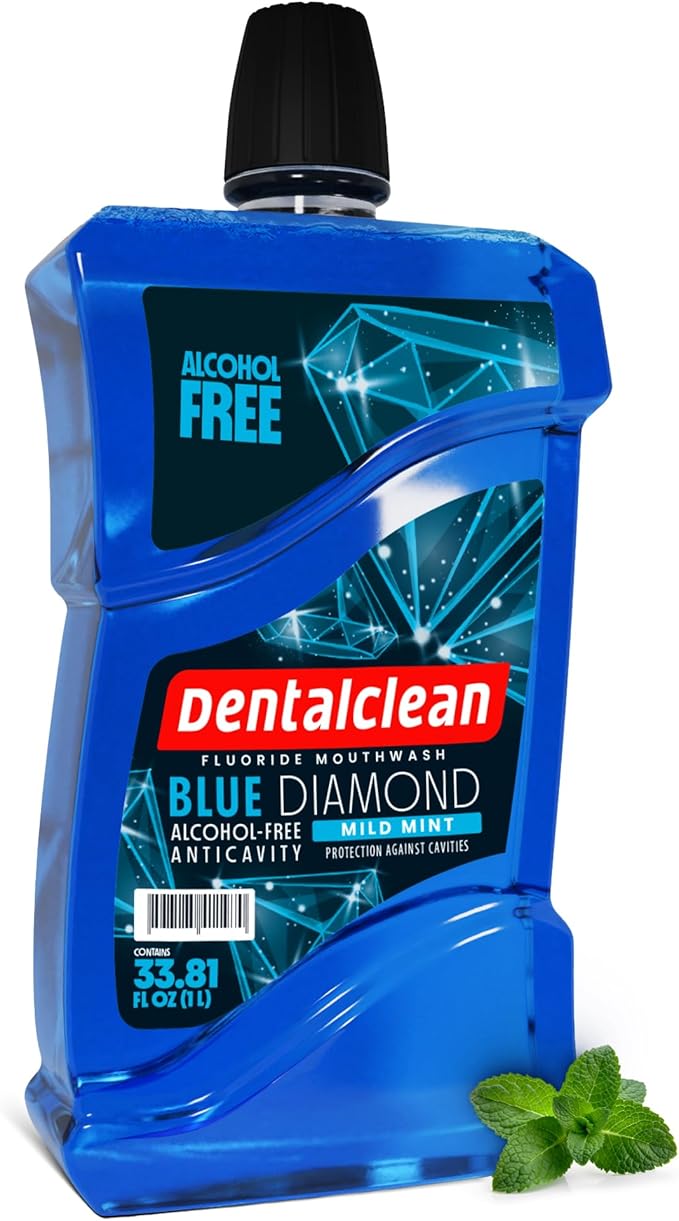 Dentalclean Alcohol-Free Mouthwash 33.8 Fl Oz (Blue Diamond Mint) + Pack of 4 Toothpaste Gel – Sensitivity Relief – Mild Mint – 3.7 oz
