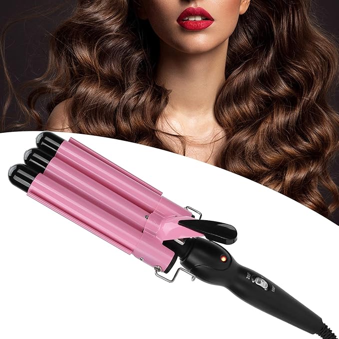 3 Barrel Hair Waver Adjustable Temperature Hair Crimper Heats up Quickly Crimping Iron for Hair Compatiable for All Hairstyles(US-pink28mm)