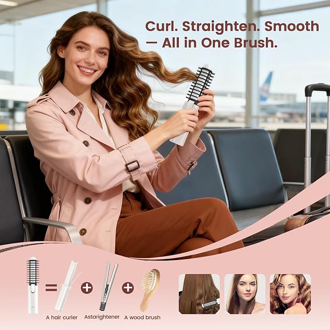Youbella Cordless Hair Curling Iron Brush Portable Travel Hair Curler Mini 1.5″ Heated Round Brush 3-in-1 USB Rechargeable Straightening Wand for Styling &amp Smoothing 200 Million Ionic Care Wh