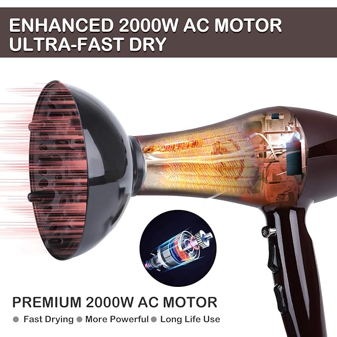 Xpoliman 2000 Watt Hair Dryer Negative Ionic Blow Dryer with Diffuser Concentrator Comb 2 Speed 3 Heat Settings Low Noise Long Life Style-Brown/Purple