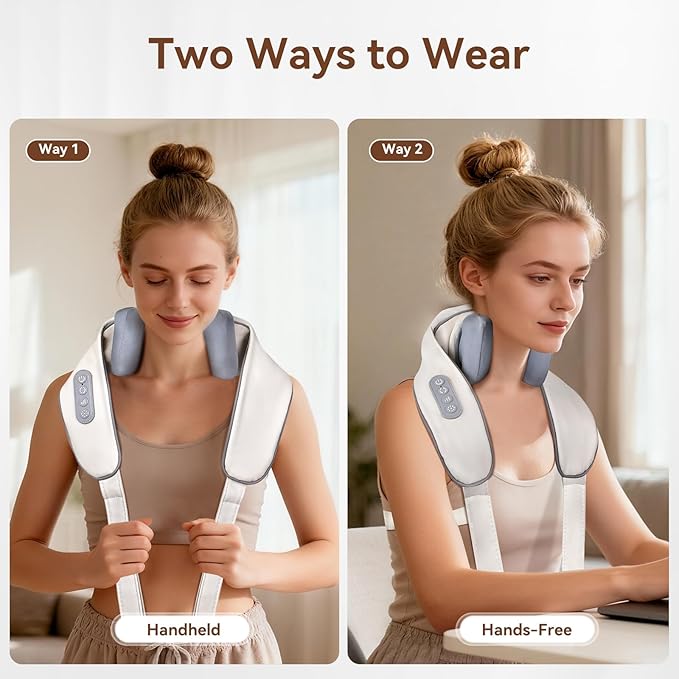 Cordless 4D Shiatsu Neck Massager with Heat - Deep Tissue Kneading Pillow for Back &amp Leg Pain Relief Portable Rechargeable Gift for Men &amp Women Ivory White