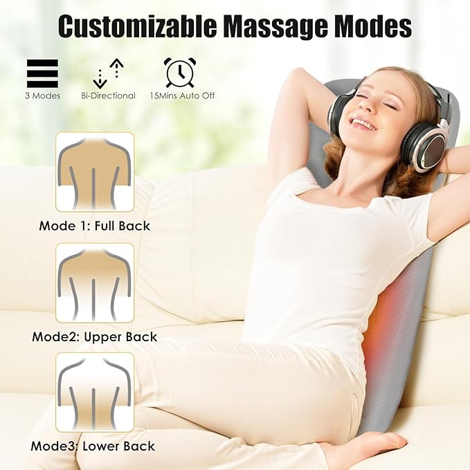 KOCASO Full Back Massager for Pain Relief with Rolling Kneading Nodes 3D Deep Tissue Shiatsu Chair Massage Pad Soothing Heating 3For Lumbar Upper Lower Back Gift for Women Men Parent