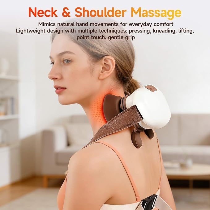Neck and Shoulder Massager with Heat Palm-Style Kneading 3 Speeds Ergonomic Hands-Free Design Portable Massage Device for Home Office Travel