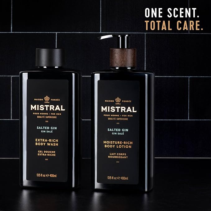 Mistral Men's Body Wash &amp Shampoo Salted Gin 13.5 oz | 2-in-1 Natural Shower Gel for Men | SLS Paraben &amp Phthalate Free | Natural Men’s Body Wash Moisturizing Bath Gel - Made in France
