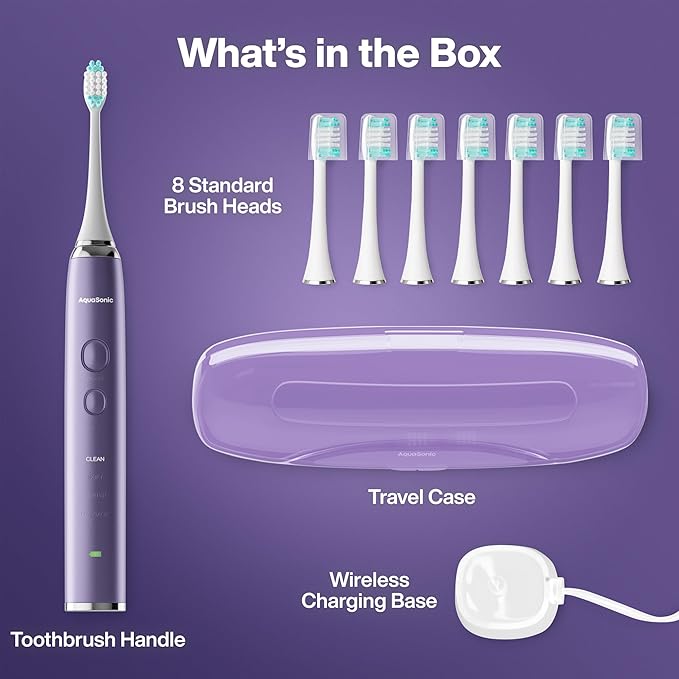 Aquasonic Vibe Series Ultra-Whitening Toothbrush – ADA Accepted Electric Toothbrush - 8 Brush Heads &amp Travel Case – 40000 VPM Motor &amp Wireless Charging - 4 Modes w Smart Timer – Satin Violet
