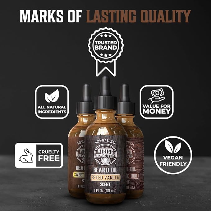 Viking Revolution Beard Oil for Men 3 Pack - Natural Mens Beard Oil Variety Set - Spiced Vanilla Sweet Tobacco Majestic Oud - Beard Conditioning and Moisturizing for a Healthy Beard (3 Pack 1oz)