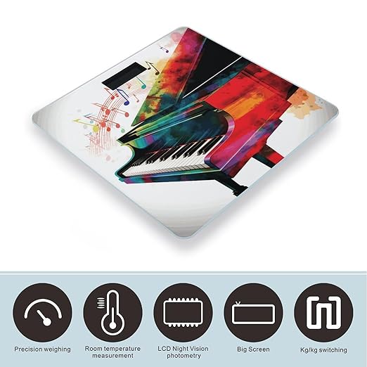 Colorful Piano Keyboard Music Scale for Body Weight Safe Rounded Corners Tempered Glass Digital Bathroom Scale LED Display 400lb Capacity Weight Scales with High Precision Sensors