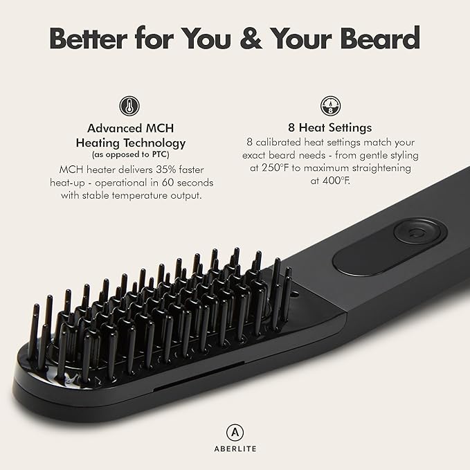Aberlite Slim Beard &amp Hair Straightener - Anti-Scald Comb Tooth - Ionic Conditioning - Heated Brush - Straightening Comb for Men - for All Beard Types
