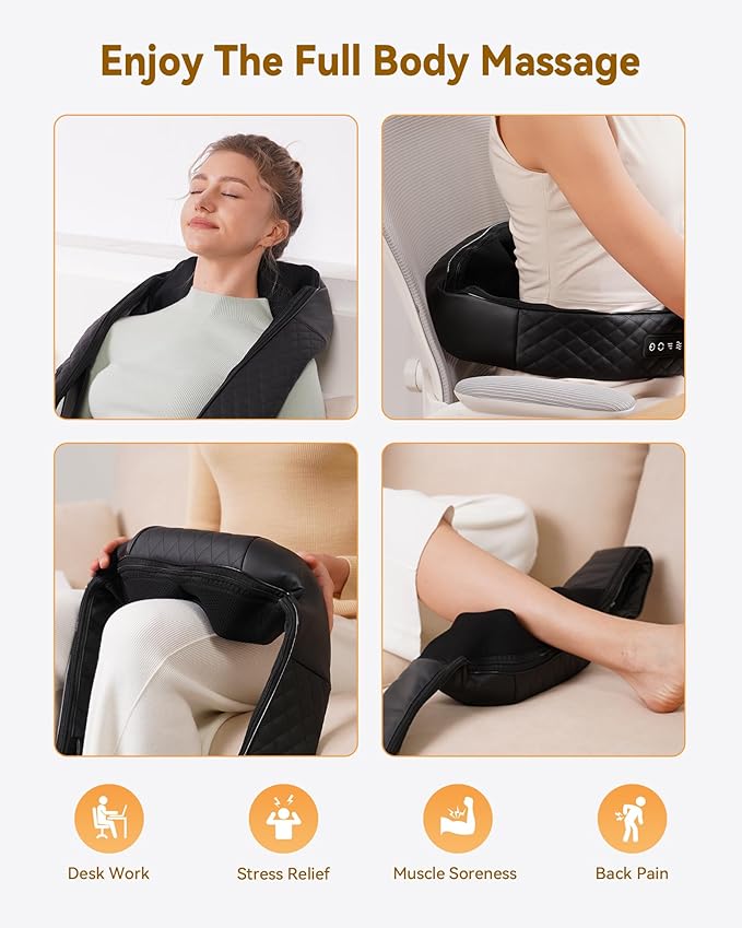 Neck Massager with Heat Shiatsu Neck and Back Massager 4D Deep Tissue Kneading for NeckBackShoulder Body Muscle Pain Relief Leather Handbag for Storage Gift for Men Women Mom Dad Plug-in Use