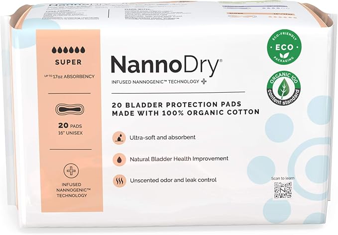 Natural Incontinence Pads - Organic Cotton Bladder Leakage Pads - Extra Large Pads for Incontinent Adults - Nannocare Super Dry (20 Count (Pack of 1) - 16 Long