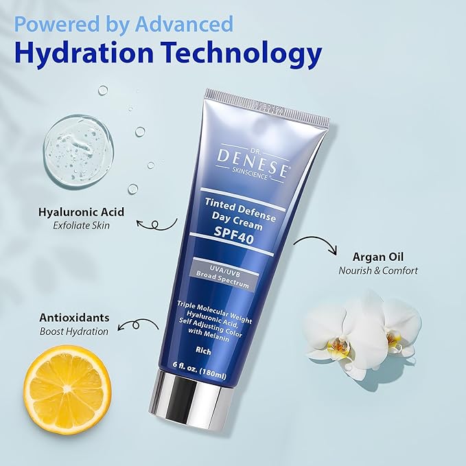 Dr. Denese Broad Spectrum SPF 40 Defense Day Cream (Rich) 6 oz – Tinted Moisturizer and Daily Sunscreen – Hydrating BB Cream with Antioxidants for Smooth Radiant Skin - Protection for All Skin Types
