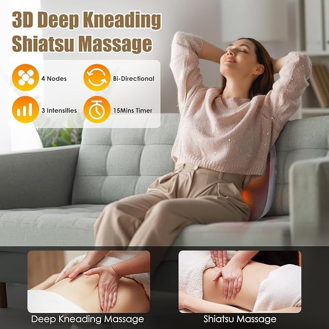 Back Massager with Heat Waist Massage Cordless Rechargeable 3D Kneading Lower Back Massager for Pain Relief Deep Tissue Office Travel Car