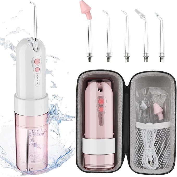 Water Dental Flosser for Teeth Cleaning and Flossing with Travel Size Case – Rechargeable Oral Irrigator KOOVON Portable Water Flosser for Adults IPX7 Waterproof 5 Jet Tips &amp 4 Modes Pink