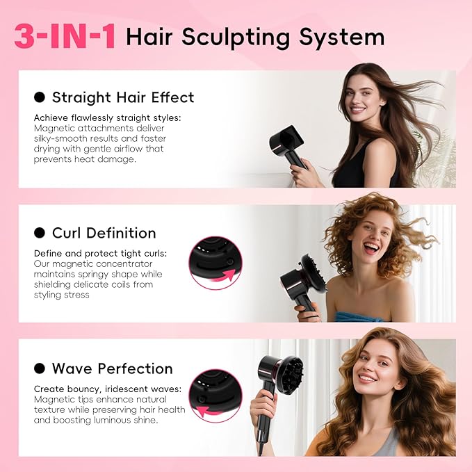 CINOSTAR Hair Dryer Fast Drying Blow Dryer with Diffuser with 110 000RPM Brushless Motor&ampIonic Technology No Heat Damage Lightweight for Women and Travel Low Noise Black &amp Blush Rose
