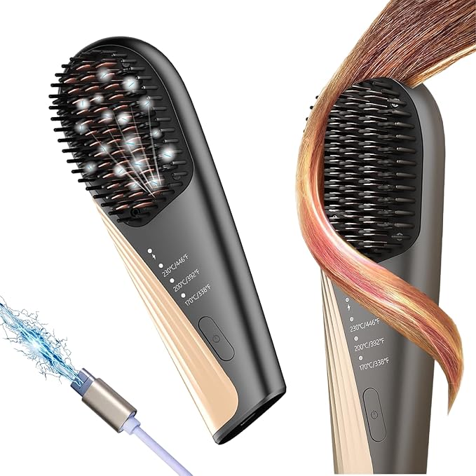 Go Brush Pro Cordless Hair Straightener Brush - Portable Travel-Friendly 30s Quick Heat 10000mAh USB-C Rechargeable 150M Negative Ions (Strai-Grey)