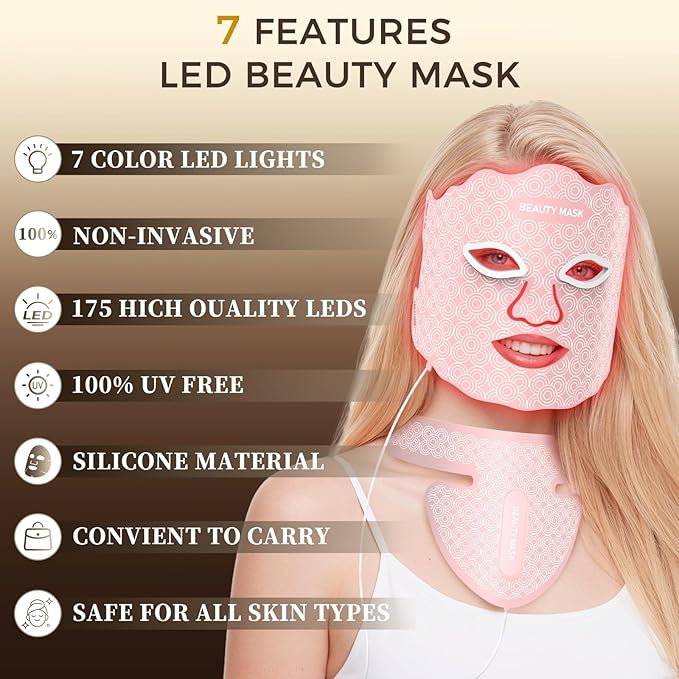 Red Light Therapy for Face &amp Neck Red Light Mask with 850nm NIR 7-1 Colors LED Light Therapy mask Rechargeable LED Face &amp Neck Mask for Anti-AgingSkin Firming &amp Radiant Glow at Home
