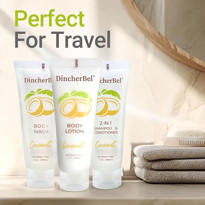 DincherBel Travel Size Body Wash and Body Lotion - Bulk Hotel Toiletries Supplies for Guests - Refreshing Tropical Coconut Scent Shower Gel and Body Cream for Men &amp Women (1 Fl Oz 100 Pack)