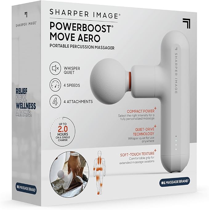 Sharper Image Powerboost Move Aero [New 2026 Version] Mini Deep Tissue Percussion Massage Gun| Muscle Recovery &amp Pain Relief Massage Tool| Full Body Back &amp Shoulder Massager| Travel Gift for M