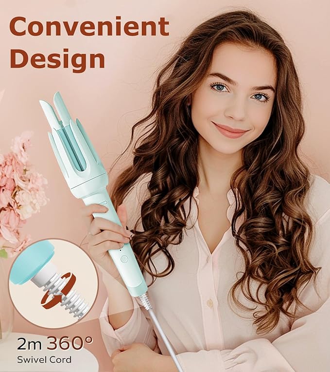 Auto Hair Curler Automatic Curling Iron with 4 Temperature &amp 3 Timer Automatic Shut-Off Anti-Scald Anti-Tangle Rotating Curling Wand for Hair Styling Blue