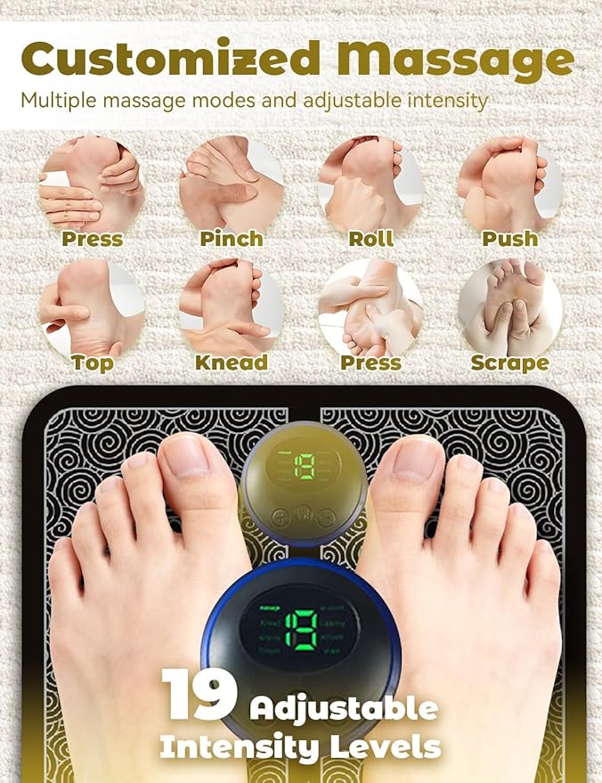Advanced EMS Foot Massager Plate with Remote Control - 8 Massage Modes 19 Intensity Levels Auto Shut-Off &amp USB Rechargeable for Muscle Relaxation &amp All-Night Comfort