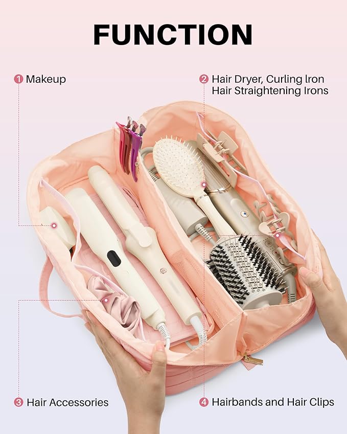 Hot Tools Travel Case with Heat Resistant Mat Pouch Large Hair Tool Organizer Bag for Curling Iron Flat Iron Hair Dryer Hot Air Brush Water Resistant Makeup Bag Gift for Women Pink