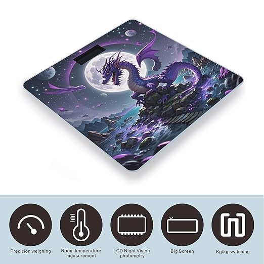 Purple Dragon Moon Scale for Body Weight Highly Accurate Digital Bathroom Electronic Weighing Machine for People LCD Display Large Size Tempered Glass for Safe Home Use