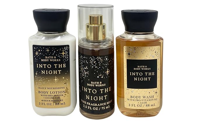 Bath &amp Body Works Into The Night - Fine Fragrance Mist - Body Lotion and body Wash with a Peach Gardenia Sample Soap - Travel size
