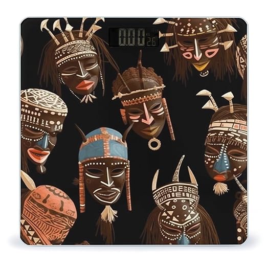 African Ritual Ethnic Tribal Scale for Body Weight High Precision Digital Weight Scales with LCD Display Anti-Slip Sturdy Slim Tempered Glass Bathroom Scale for Home Use