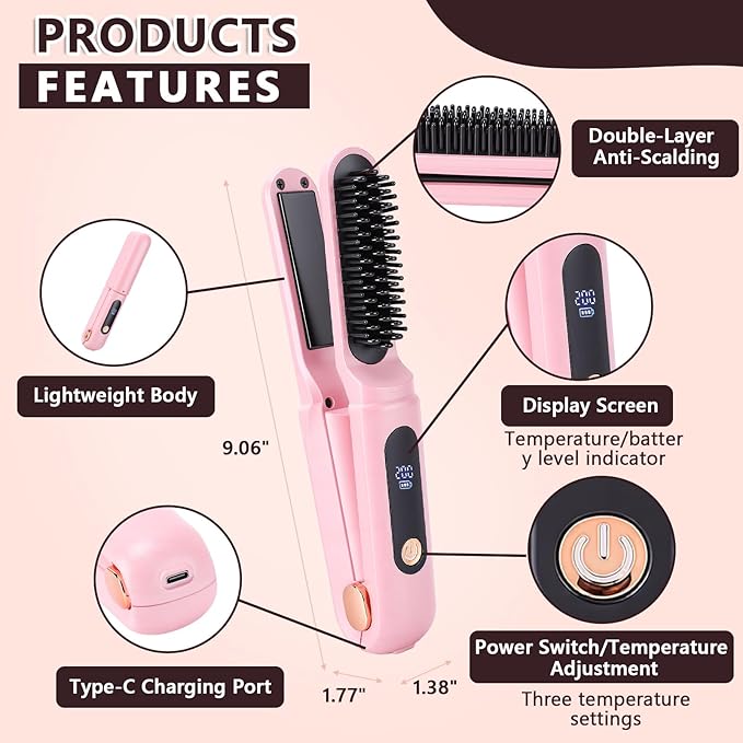 Cordless Hair Straightener Brush Portable Travel Hair Straightener 2 in 1 Cordless Mini Rechargeable Flat Iron &amp Hair Straightener Brush with Dust Cover Digital Display (Pink)