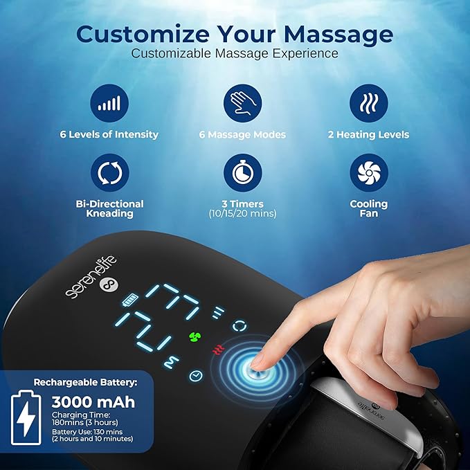 SereneLife Electric Hand Massager with Heat and Compression – Kneading Massage 6 Modes 6 Intensity Levels 3 Timer Settings for Relaxation &amp Stress Relief Black Open Hand