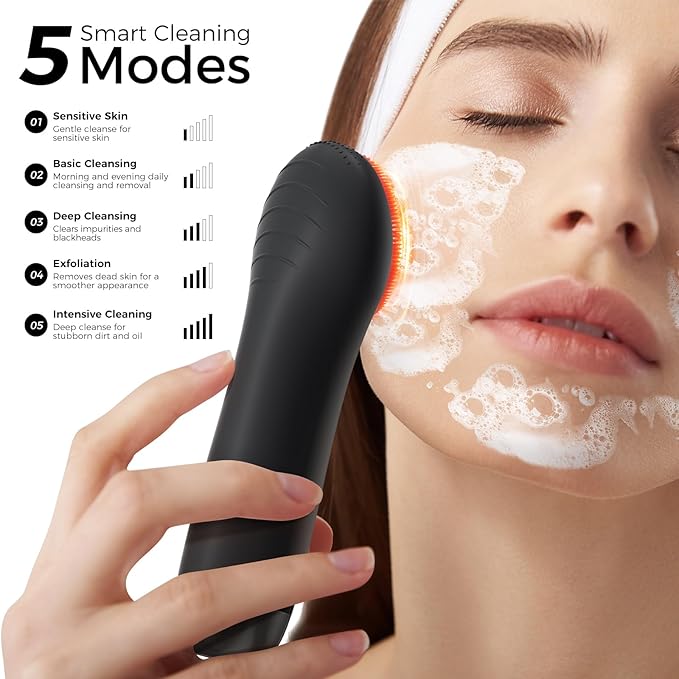 Face Scrubber Facial Cleansing Brush - Waterproof and Rechargeable Face Cleansing Brush with 4 LED Gentle Light Cleansing Exfoliating and Massaging Electric Face Scrub Brush for Men &amp Women