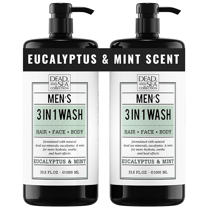Dead Sea Collection Eucalyptus Mint Men’s Body Wash – 3 in 1 Body Wash for Men for Hair Face &amp Body – Moisturizing Shower Gel with Dead Sea Minerals – Pack of 2 (33.8 fl oz each)
