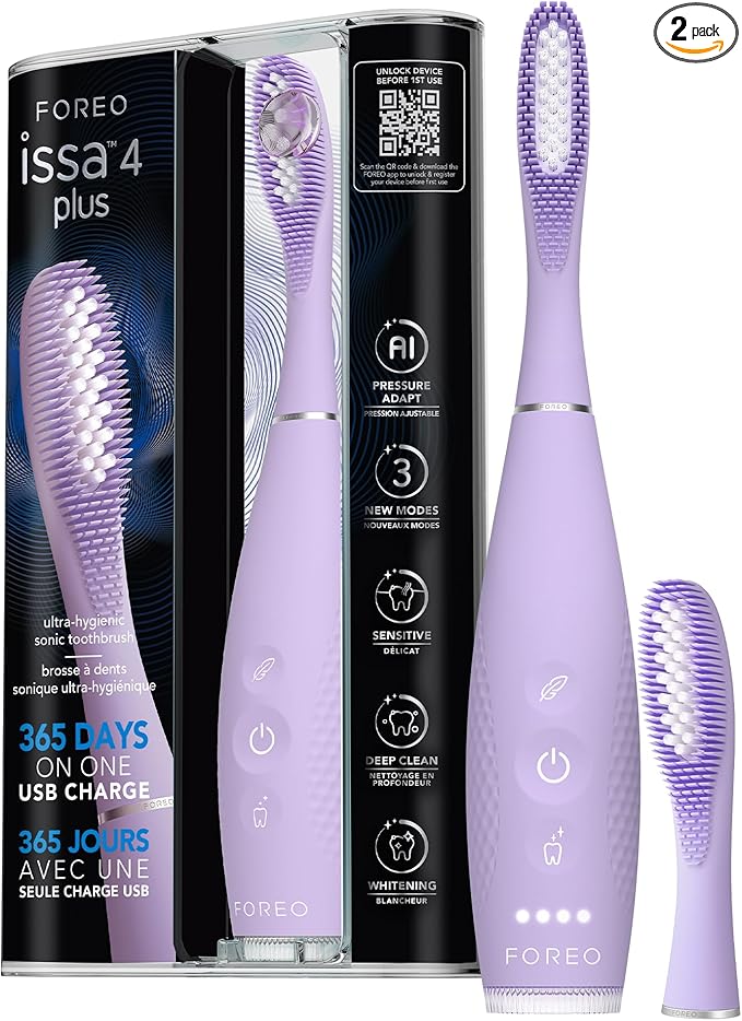 FOREO ISSA 4 Plus Sonic Electric Toothbrush - 4-in-1 AI-Guided Rechargeable Toothbrush Bundle with Extra Silicone &amp Polymer Hybrid Brush Head Soft Bristles Whitening Teeth - Lavander